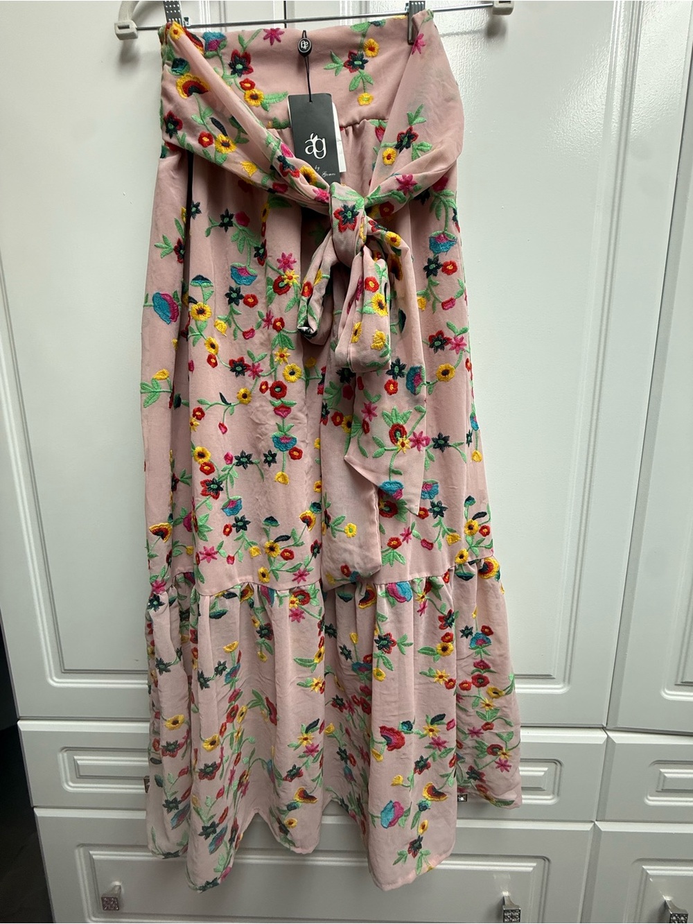 Ag Adriano Goldschmied Dusty Pink Floral Embroidered Maxi Skirt with Self Tie